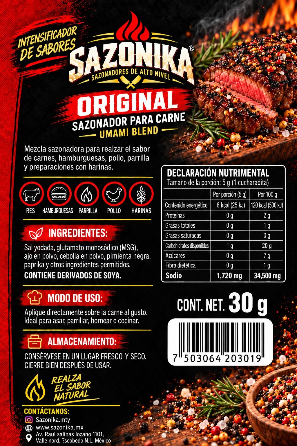 Reverso de la etiqueta de Sazonika Original con ingredientes, modo de uso y declaración nutrimental